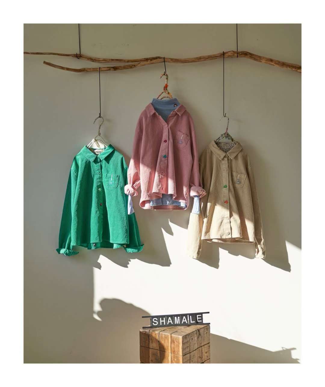 韩国shamale翻领彩色纽扣灯芯绒衬衫