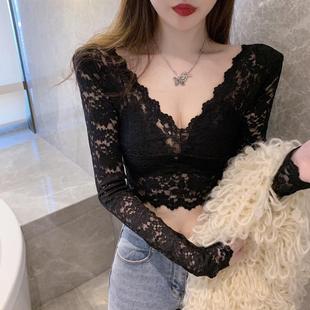 性感低胸洋气小衫 短款 秋冬百搭镂空V领雪纺上衣 女修身 蕾丝打底衫
