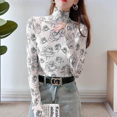 印花网纱打底衫女夏季薄款