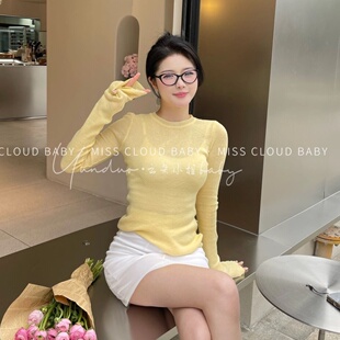少女心减龄黄色圆领长袖套头上衣韩国透视显白纯欲针织打底衫百搭