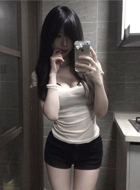 puppyoo纯欲风U领短袖T恤女装2026夏季薄款透肤修身显瘦休闲上衣