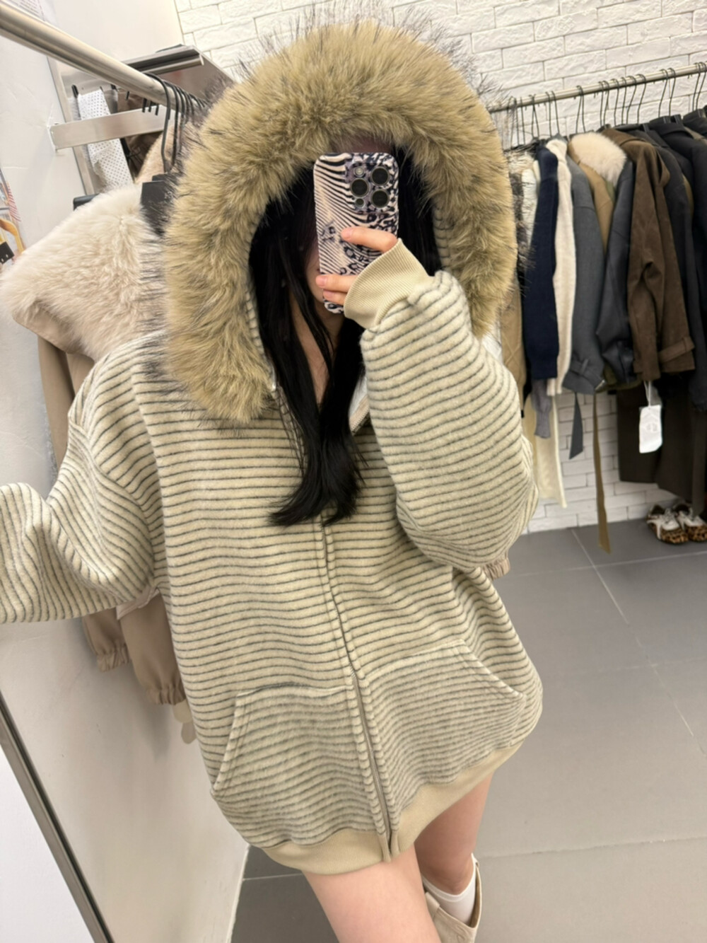 条纹加绒保暖休闲卫衣外套女