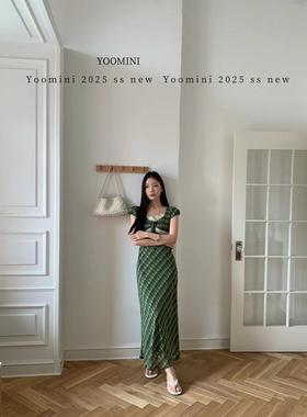 2025夏季新款YOOMINI法式泡泡袖绿色格纹减龄超显白仙女连衣裙女