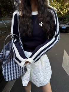 2024冬季BF韩版插肩袖刺绣撞色圆领长袖毛衣女休闲慵懒针织衫上衣