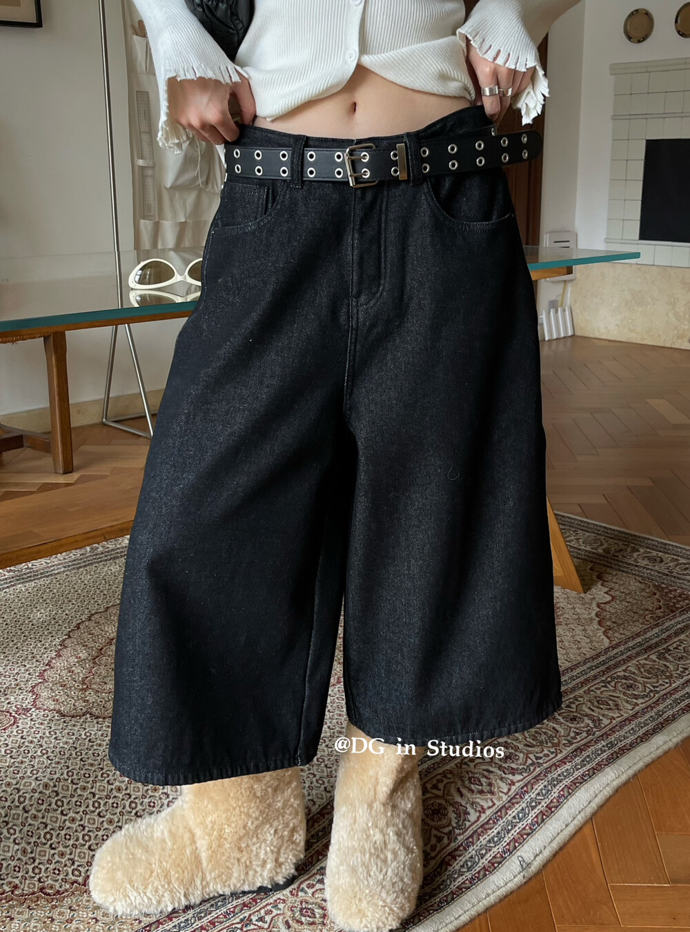 2025冬季DG韩版宽松加绒复古水洗显瘦休闲裤高腰阔腿牛仔七分裤女
