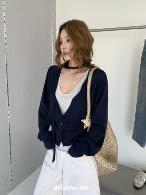 小众假两件长袖针织开衫上衣女