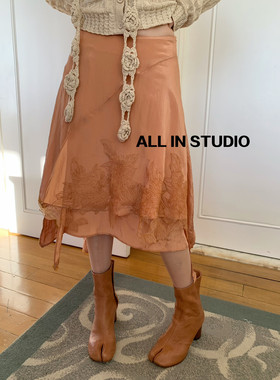 2026早春夏季ALL IN法式复古不规则拼接蕾丝绣花半身裙橘色A字裙