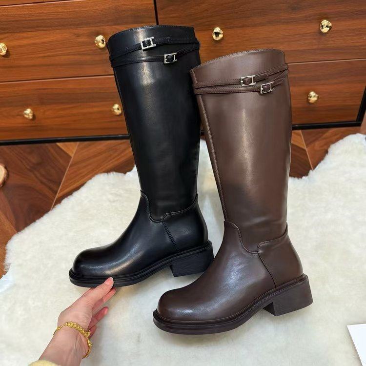 【琪琪】明星同款显瘦粗跟双搭扣骑士靴AB25606,女鞋,骑士靴,淘宝优惠券,粉丝福利购,淘宝优惠卷