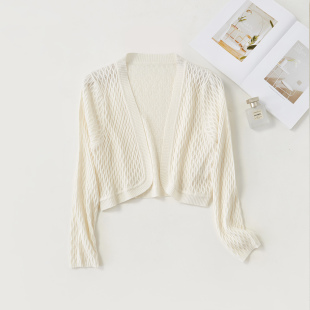 V领短外套小坎肩防晒长袖 外搭真丝针织开衫 小披肩镂空配旗袍薄款