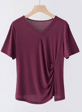 高端真丝短袖T恤重磅加捻褶皱V领修身显瘦小个子黑色薄款上衣小衫