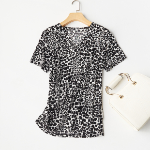 T恤桑蚕丝针织打底衫 宽松妈妈装 大码 衬衫 4XL印花半袖 真丝V领短袖