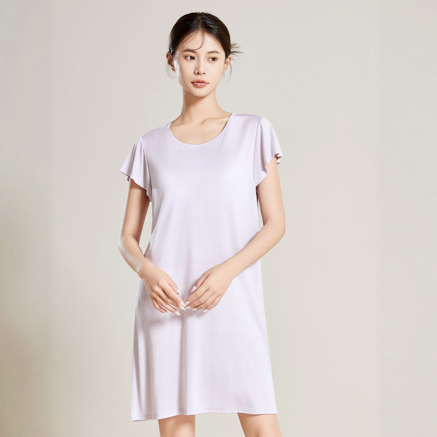 桑蚕丝法式针织带胸垫睡裙圆领家居服宽松小飞袖可外穿大码家居裙
