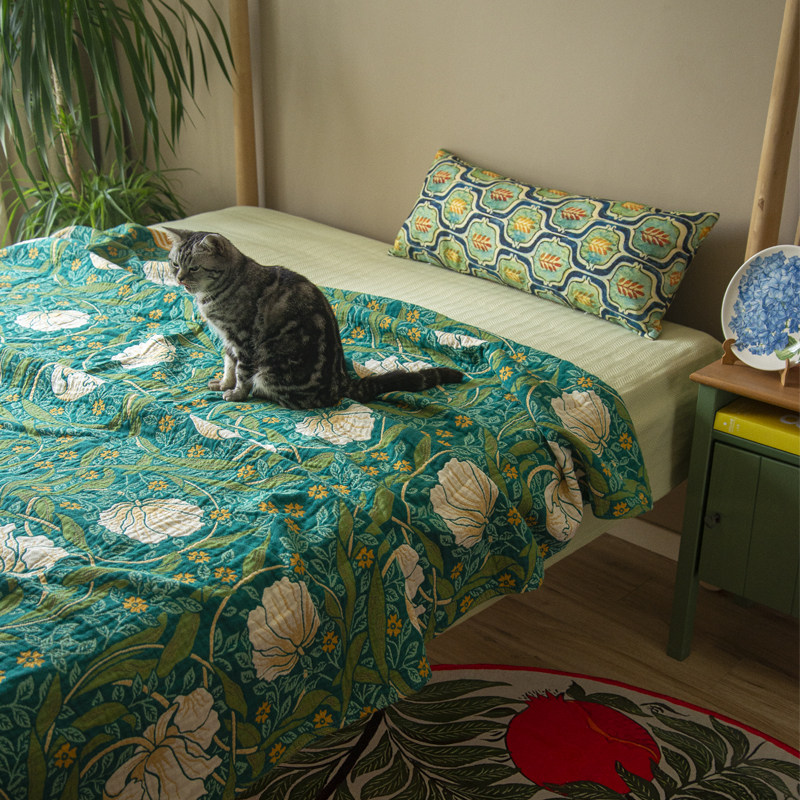 春夏田园风a类纯棉盖毯1.5米床绿色大花纱布床单四季双人空调被