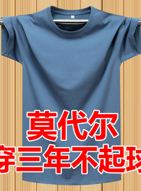 夏季莫代尔棉弹力薄款短袖T恤衫加肥大码潮胖子雾霾蓝半袖体恤男