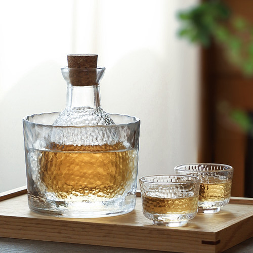 日式锤纹玻璃冷酒壶清酒壶套装家用温酒缸黄酒果酒白酒杯冰镇酒壶