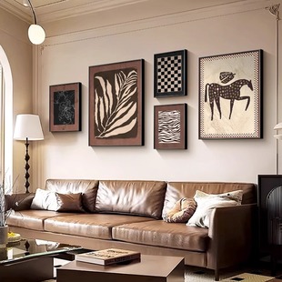 中古风客厅装 复古沙发背景墙挂画抽象高级感过道组合壁画 饰画法式