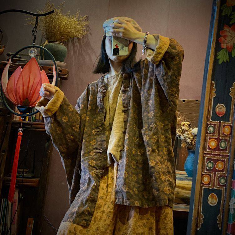春秋亚麻宽松大码外套中长款做旧民族风碎花长袖禅意范胖妹妹女装