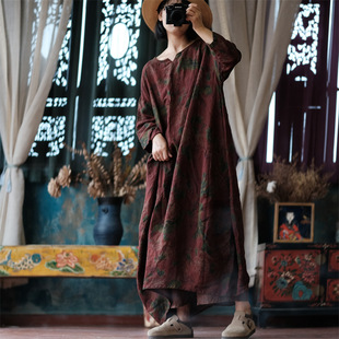 春秋亚麻宽松大袍子妈妈装印花复古民族风长袖茧型禅意慵懒连衣裙