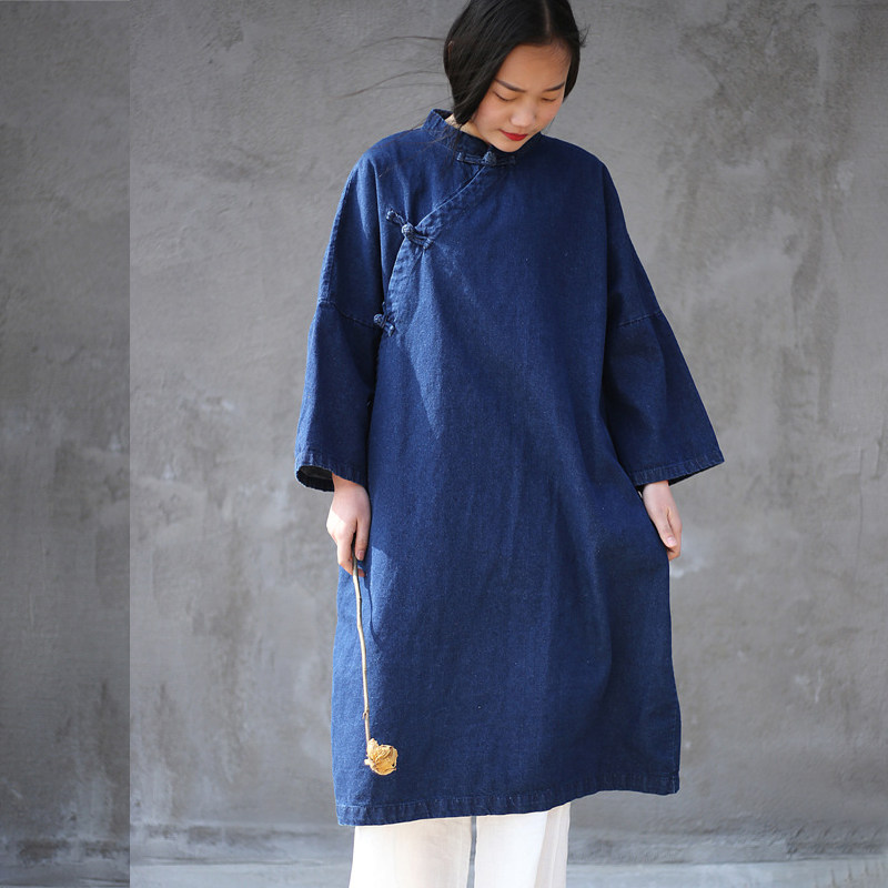 长款牛仔连衣裙禅意袍子复古民族风中式立领盘扣斜襟宽松女长衫