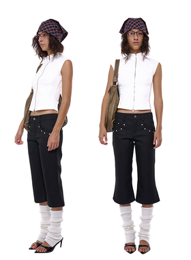 NO INFO办公室海妖风 复古卡普里裤低腰7分黑色马术裤牛仔裤秋冬