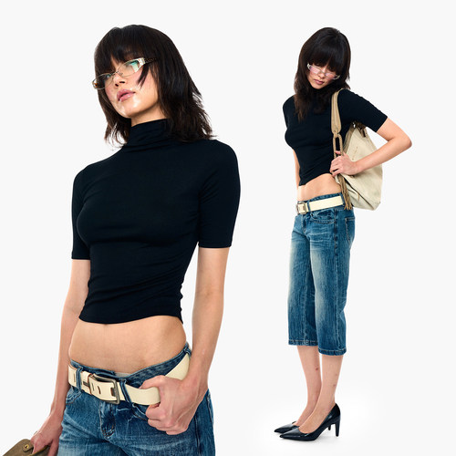 90s弹力小高领中袖辣妹短款上衣