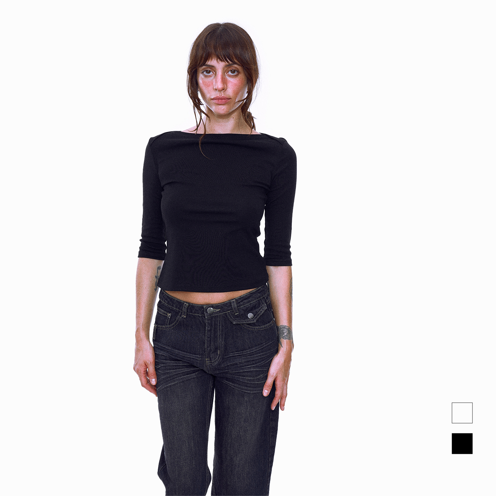 优雅复古美式7分袖船领T恤打底衫