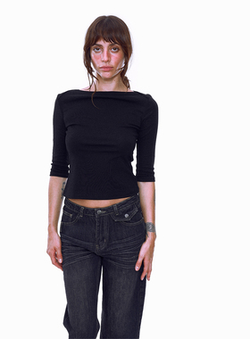 no info'瑞秋同款’极简百搭船领复古美式7分袖T恤上衣打底衫秋冬