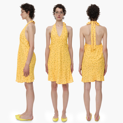 高知性感度假印花挂脖连衣裙