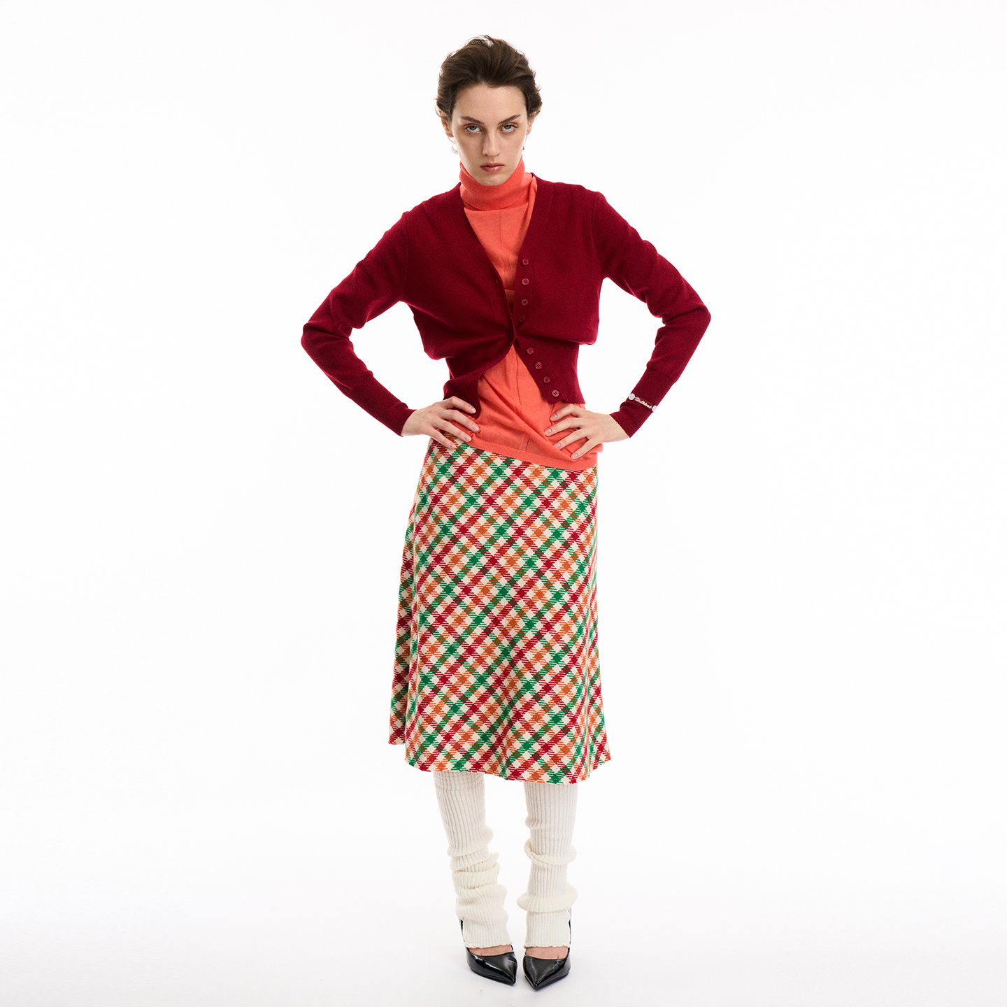 复古短款v领纽扣开衩针织开衫