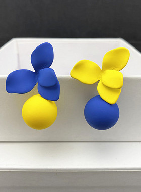 s925银针不对称黄色花朵耳钉轻奢高级感大气夏季耳环撞色蓝色耳饰