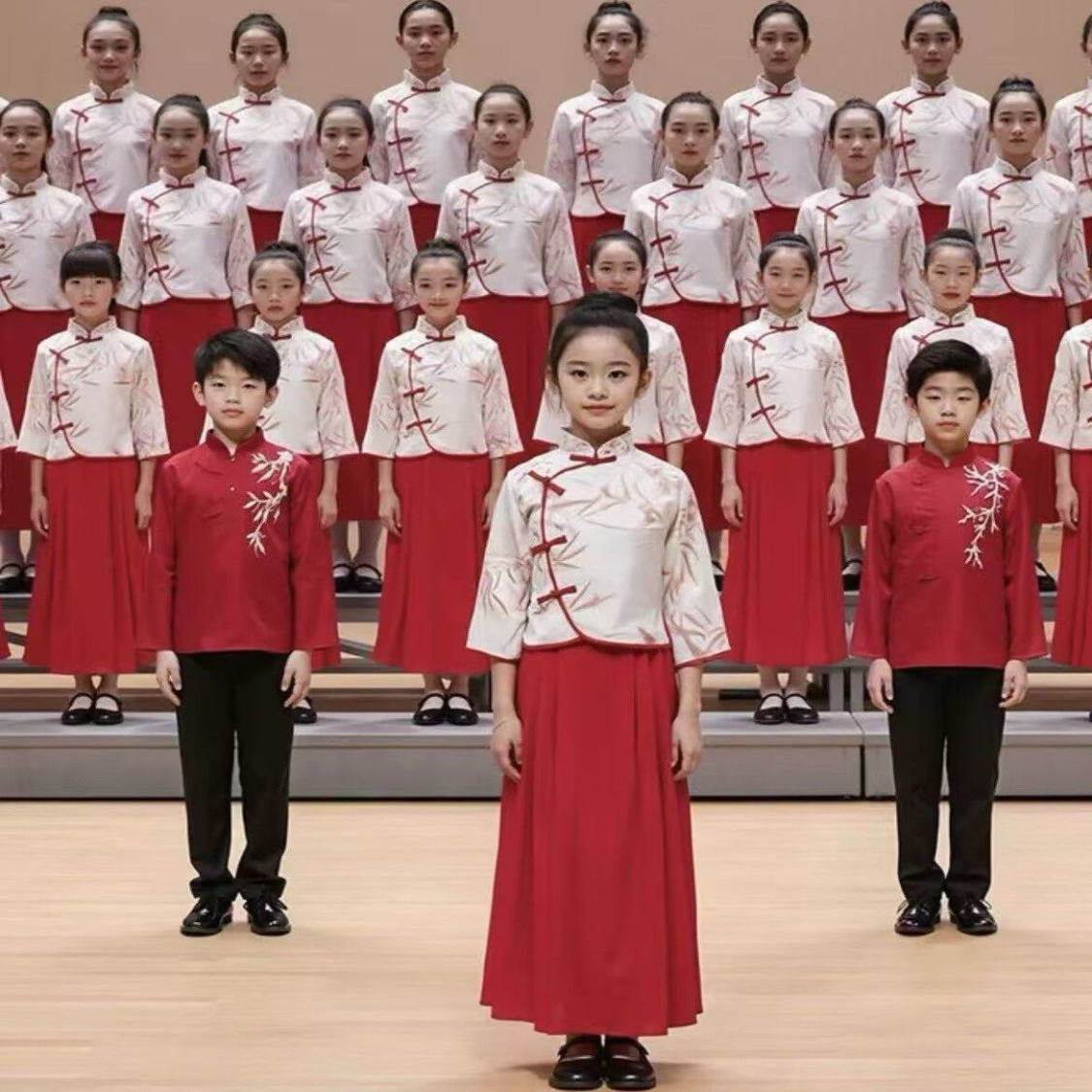 元旦中式风儿童合唱服男女童中国风演出服红色小学生爱国朗诵礼服
