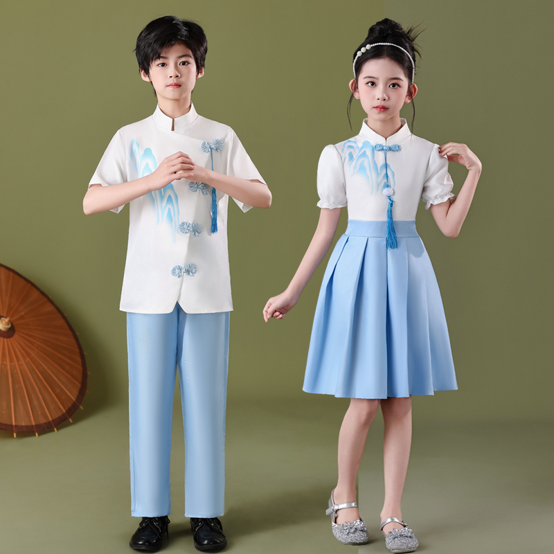 六一儿童大合唱诗歌朗诵演出服男女童小学生中国风蓝红色表演服夏