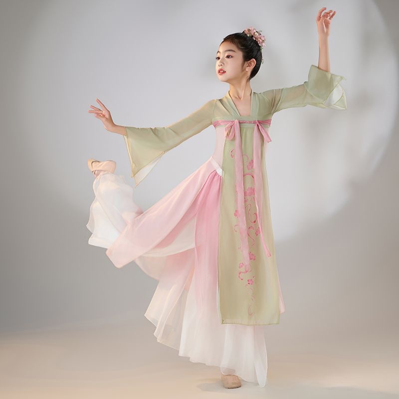 儿童古典舞演出服女童中国风飘逸采莲扇子舞纱衣身韵舞蹈练功服