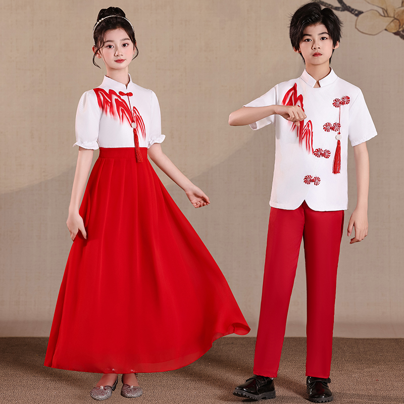 六一儿童合唱朗诵演出服女童小学生中国风诗歌蓝色演讲比赛礼服装