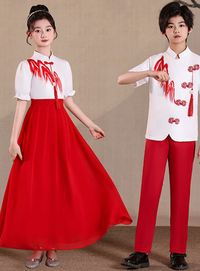 六一儿童合唱朗诵演出服女童小学生中国风诗歌蓝色演讲比赛礼服装