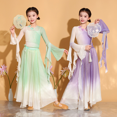 儿童古典舞蹈服长款中国舞演出服套装练功服女童飘逸仙气纱衣上衣