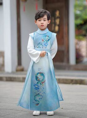 儿童汉服中国风男女童古装演出服蓝色龙纹国学套装2026新款帅气男