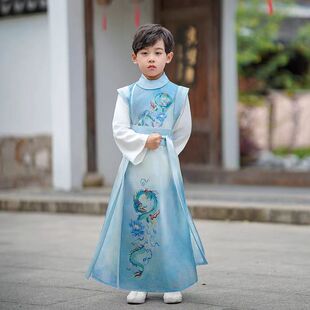 儿童汉服中国风男女童古装演出服蓝色龙纹国学套装2026新款帅气男