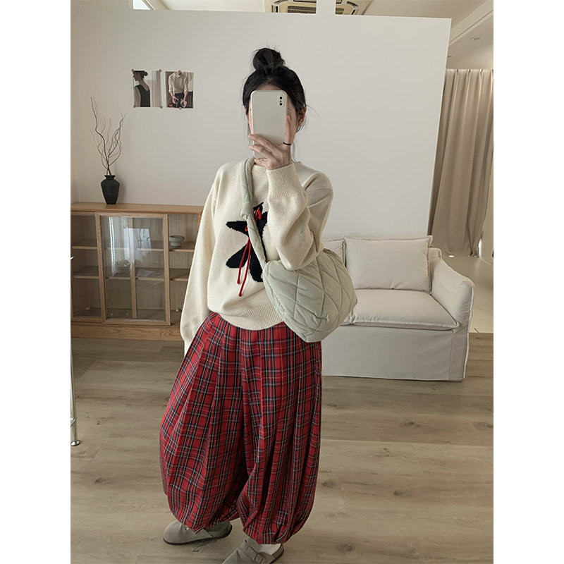 壹陆捌STUDIO/红色格子裤女2024秋冬松紧高腰灯笼休闲裤廓形显瘦