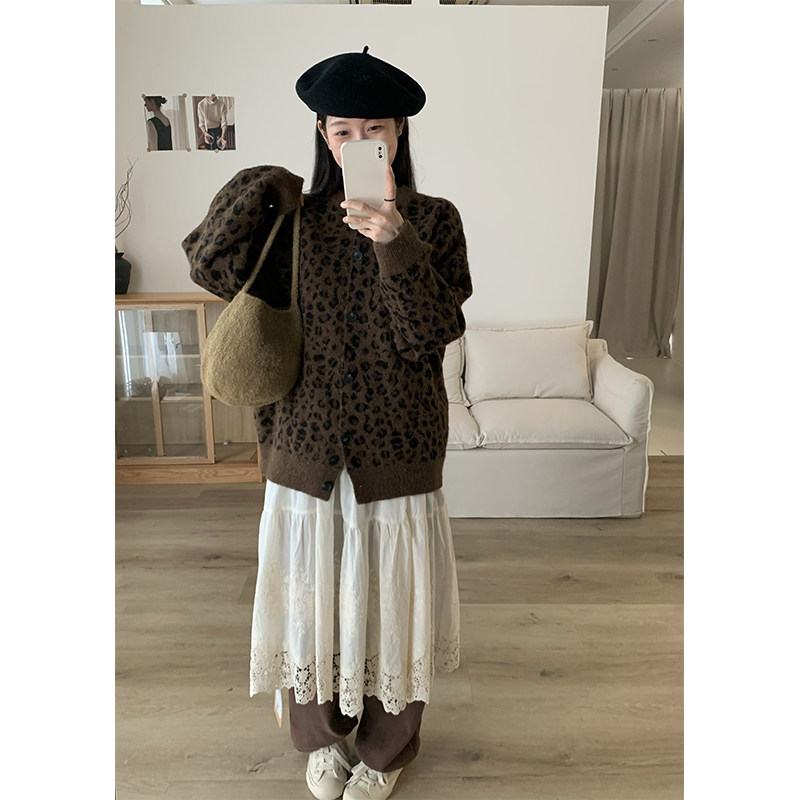 壹陆捌STUDIO/复古豹纹毛衣外套女中长款宽松慵懒随性针织开衫厚