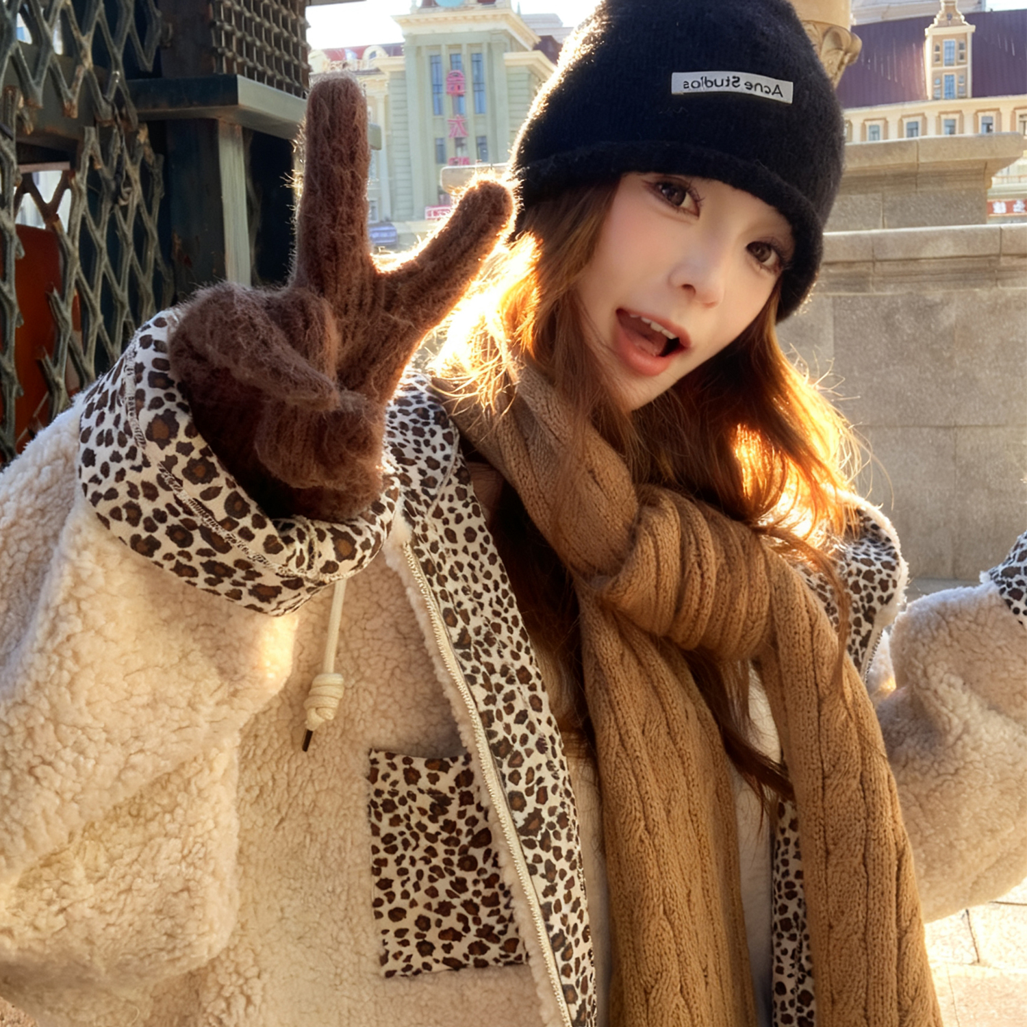 美式复古豹纹连帽羊羔外套