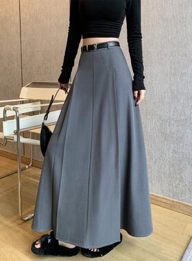 简约西装半身裙女高腰A字长裙灰色气质垂坠感百褶裙