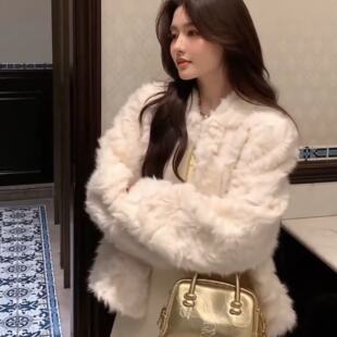 白色羊羔毛外套女皮毛一体短款立领环保皮草年轻款毛毛外套