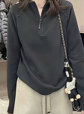 加厚半拉链立领卫衣女灰色宽松百搭保暖打底衫设计感上衣