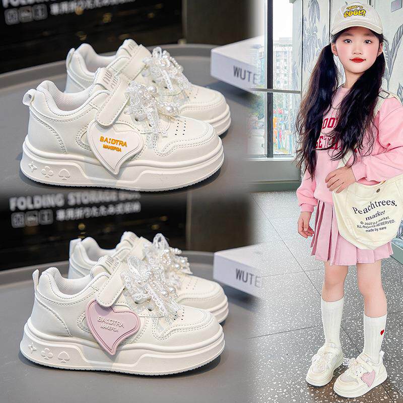 女童小白鞋2025春秋新款儿童白色运动鞋皮面板鞋网面透气跑步鞋潮