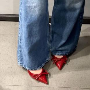 2025新款外穿法式红色漆皮蝴蝶结尖头包头凉鞋高跟鞋单鞋绝美爆款
