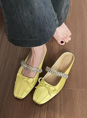 6579-5蝴蝶结水钻包头半拖鞋女粗跟法式仙女风凉拖鞋女