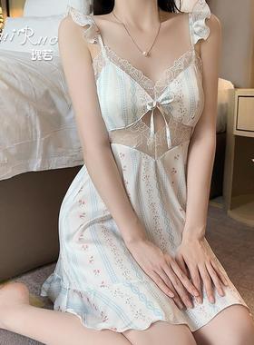 性感睡衣深V聚拢加胸垫纯欲诱惑顺滑缎面舒适睡裙女套装4875