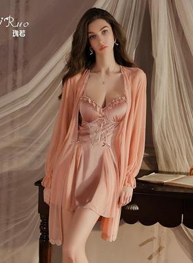 性感火辣露背睡衣纯欲蕾丝顺滑缎面睡裙外袍家居大码套装4955