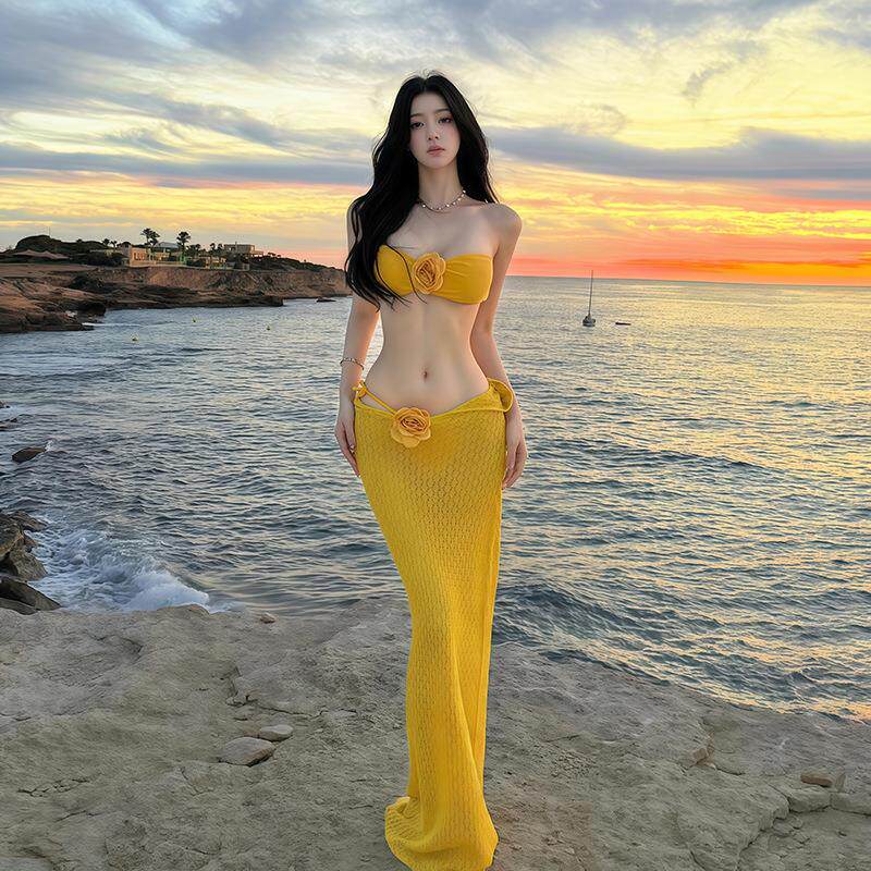 比基尼泳衣女2025新款泰国绝美黄色分体三件套性感长裙海岛度假风